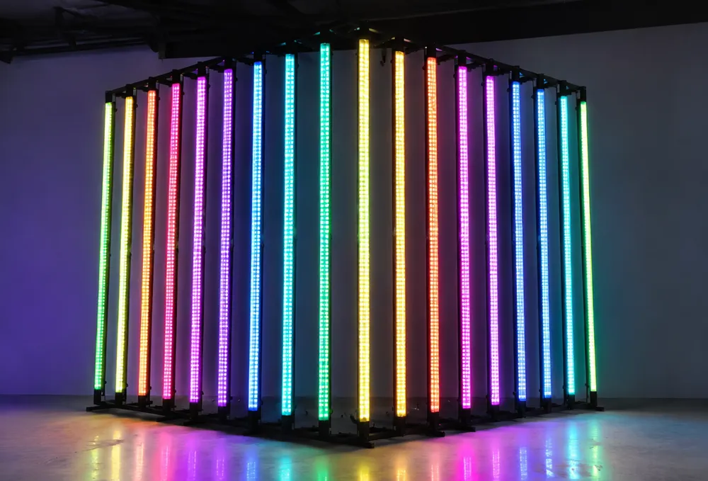 LED DJ tube lights with pixel effects displayed in vertical booth configuration