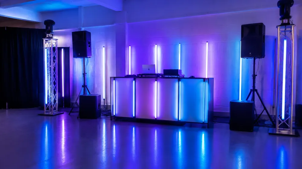 LED DJ tube lights deployed in mobile DJ booth and event rental setup