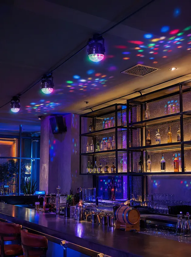 Retro mini LED DJ lights installed in a bar venue creating ambient entertainment lighting