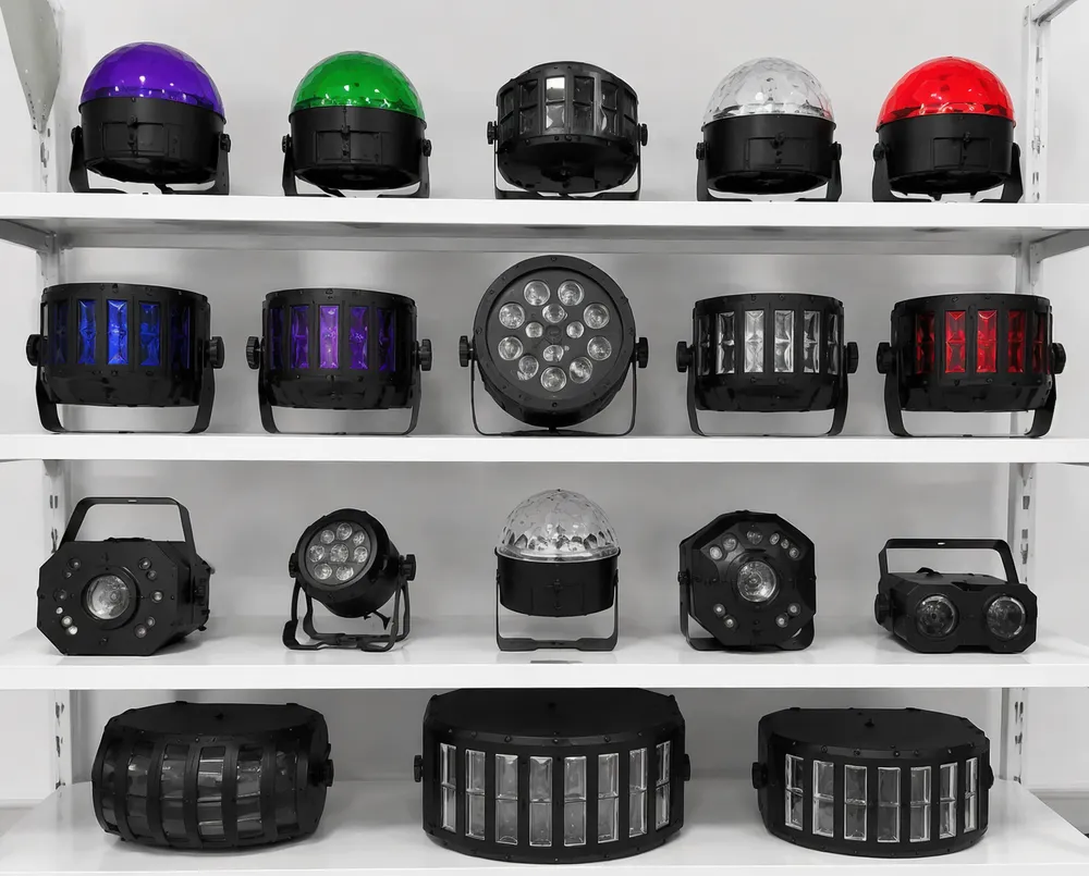 Collection of mini LED DJ lights including derby projectors, moonflower effects, and retro rotating lens units