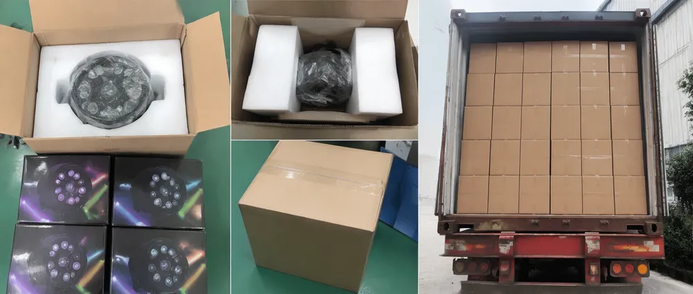 Mini LED DJ lights packaging with EPE foam inserts and master carton stacking for container loading
