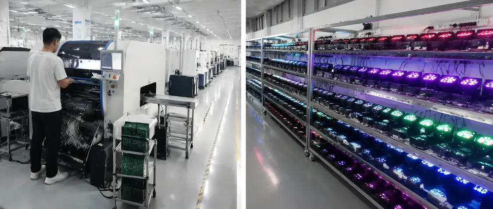 GDMonkey mini LED DJ light production line showing SMT placement and 48-hour aging rack testing