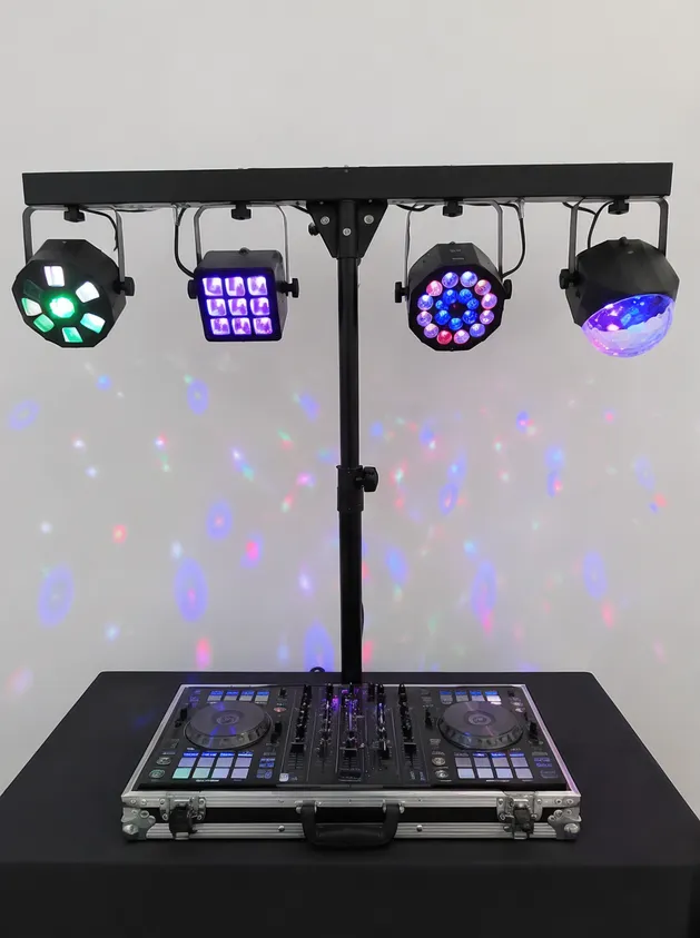 Mobile DJ party pack setup with multiple mini LED DJ effect lights mounted on a T-bar