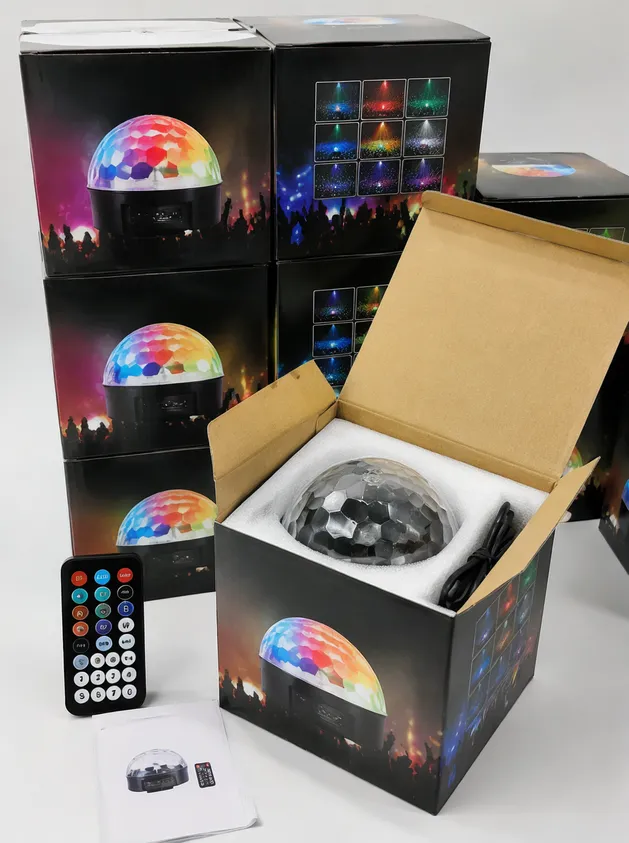 Retail-ready branded packaging for mini LED DJ lights suitable for Amazon FBA fulfillment