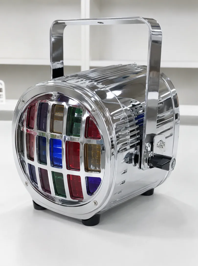 Retro LED DJ light with die-cast aluminum chrome housing and visible colored lens array