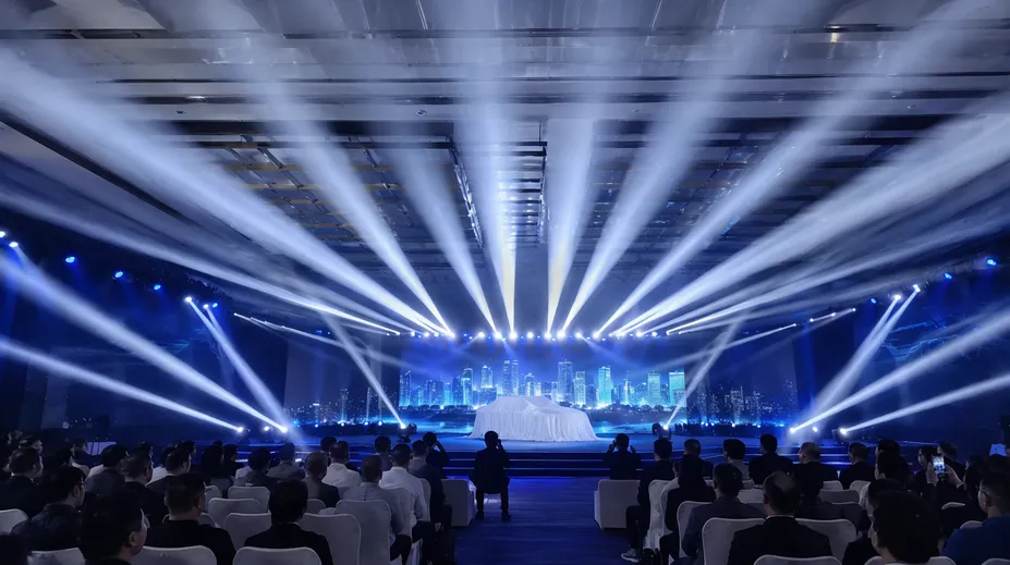 Beam effects creating dramatic reveals at a corporate event product launch stage