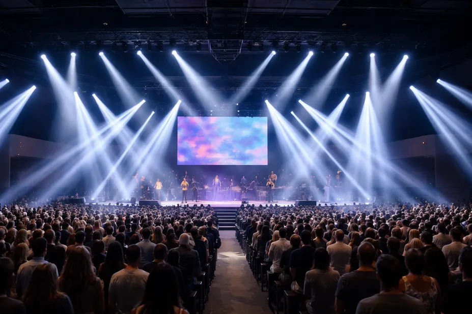 Large congregation venue with beam moving head fixtures deployed for worship service production