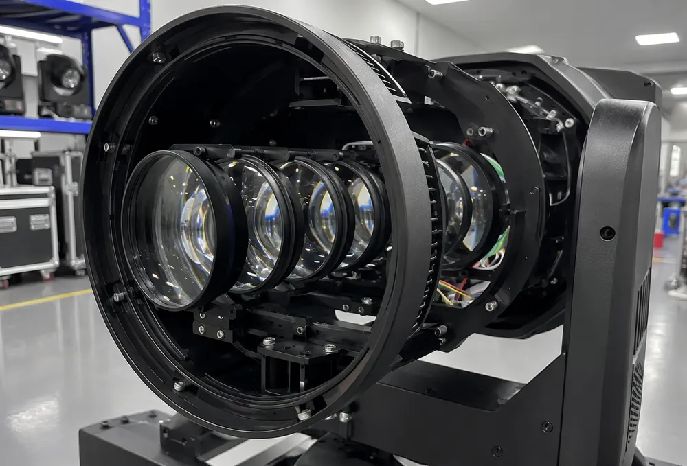 Multi-element precision glass lens train inside a GDMonkey beam moving DJ light