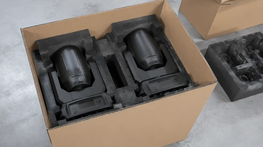 Custom-molded foam cradle packaging for beam moving DJ lights showing three-point head support