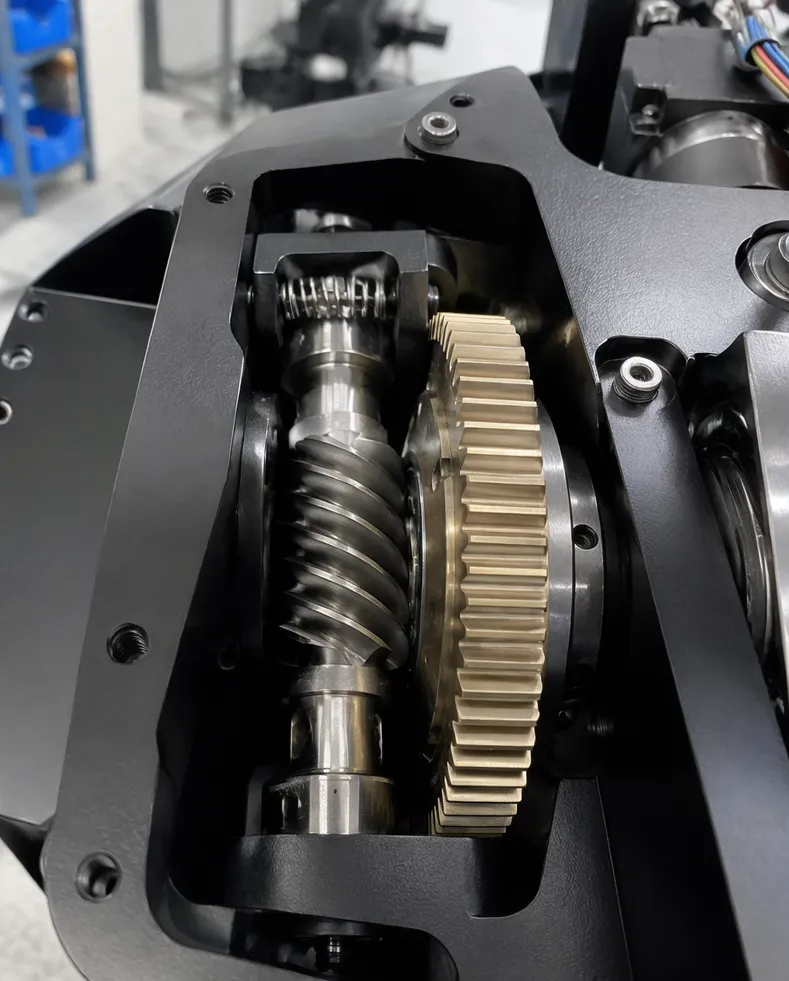 Hardened steel worm gear pair with anti-backlash preload inside GDMonkey beam fixture tilt assembly