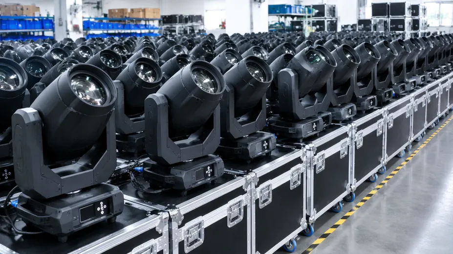Batch of identical beam moving head fixtures prepared for touring rental fleet deployment