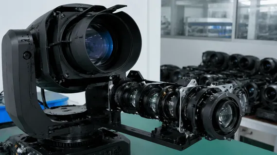Beam/spot moving head optical system with multi-element precision glass lens train