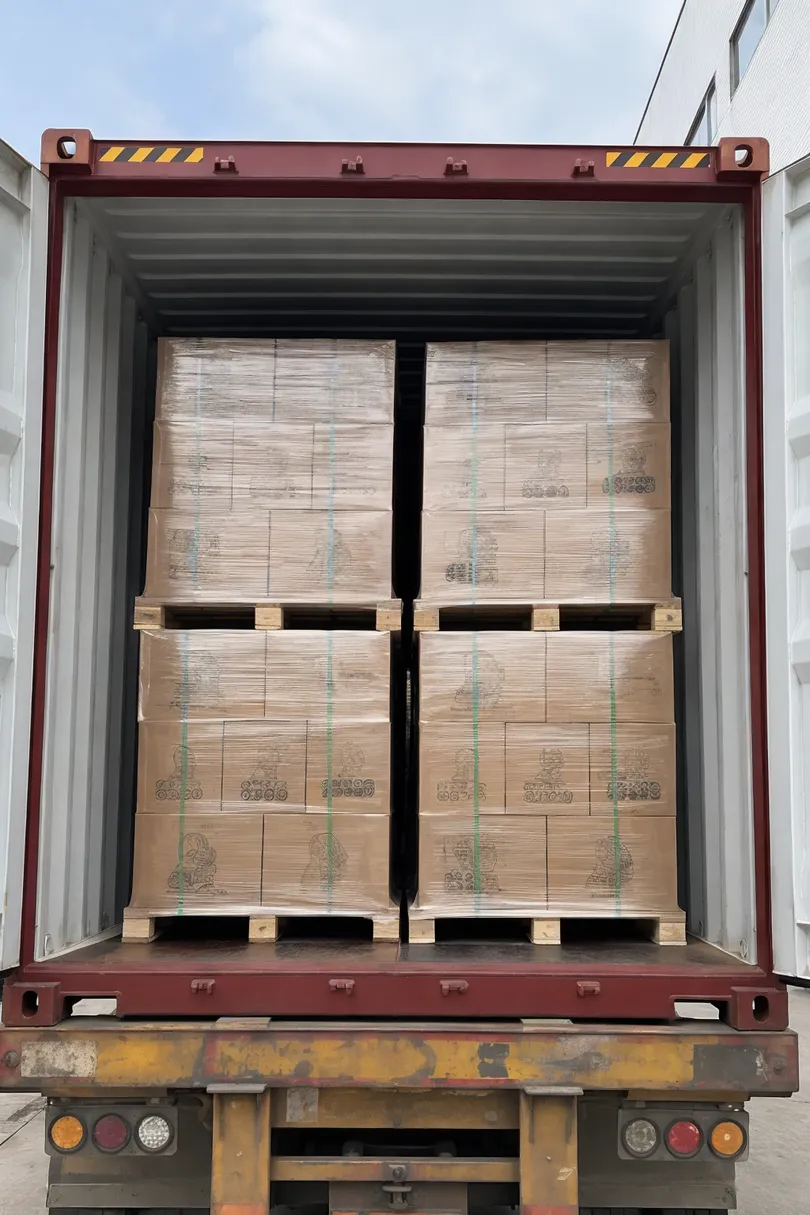 Palletized moving DJ lights in reinforced master cartons being loaded into a 20GP shipping container