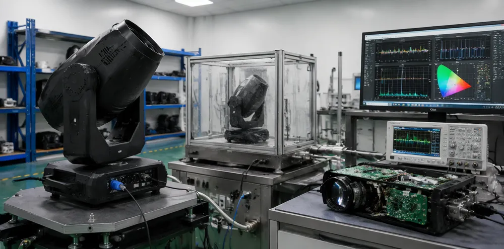 GDMonkey quality engineering lab showing gear testing, thermal validation, and DMX signal analysis for moving DJ lights