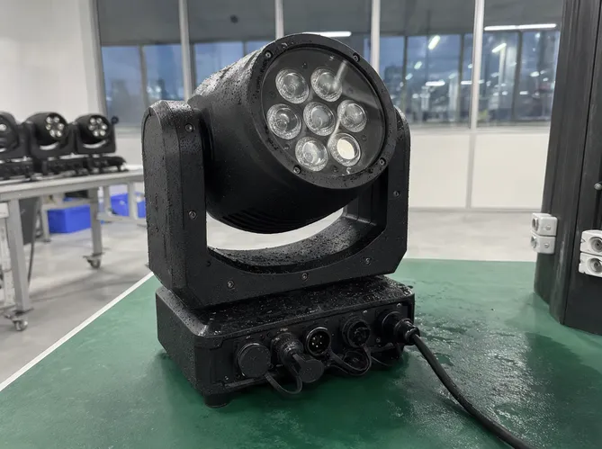 IP67 rated outdoor moving DJ light with sealed optical chamber and gasket-protected connectors