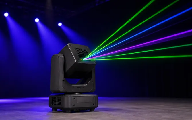 Laser moving DJ light with motorized pan/tilt delivering razor-sharp aerial effects