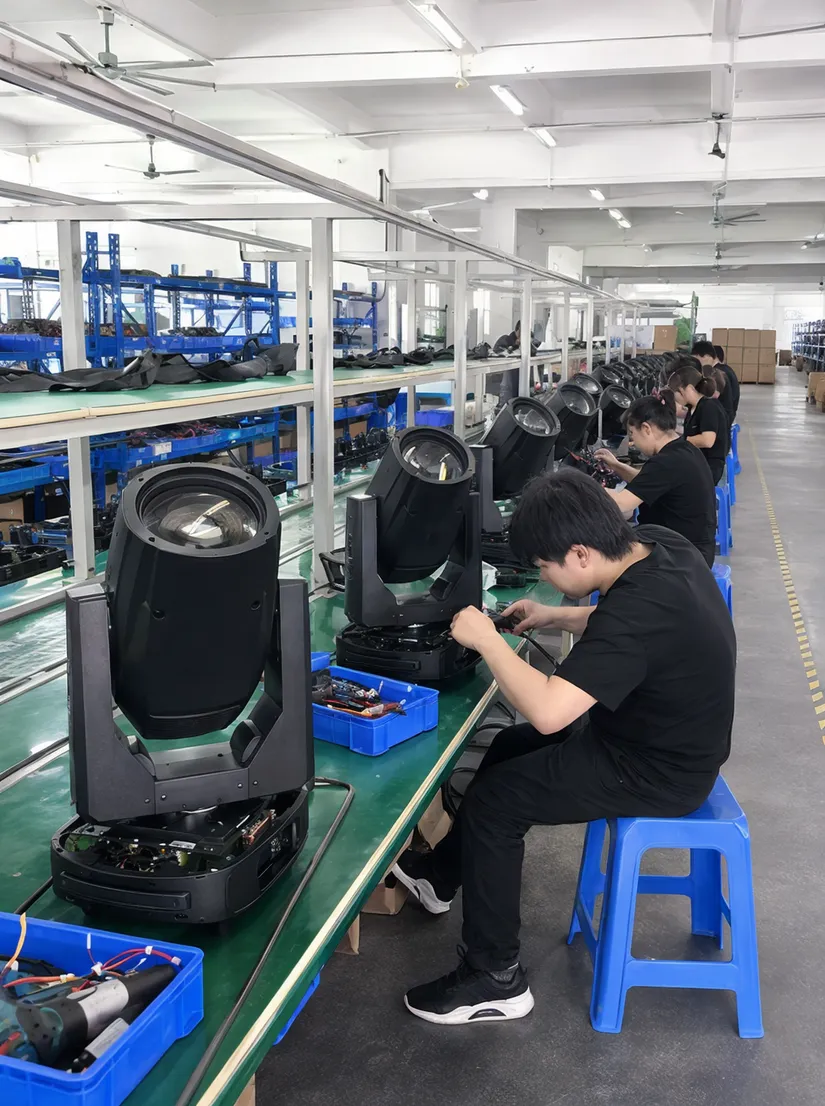 GDMonkey factory production line assembling moving DJ lights
