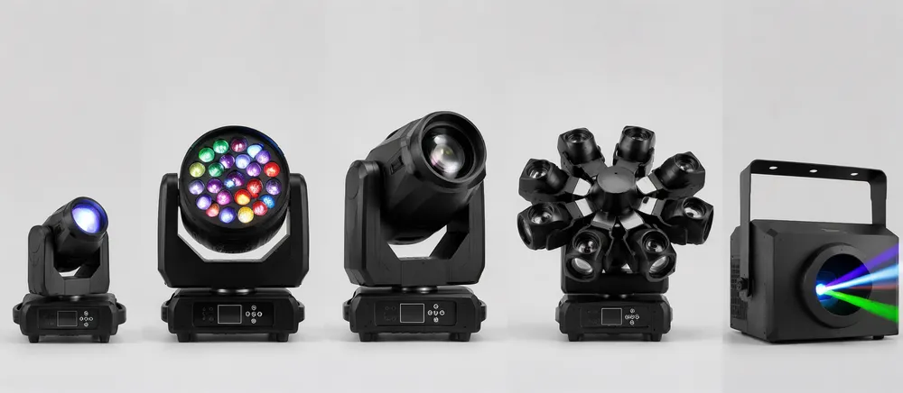 Moving head configuration tiers mapped to market segments — mini, LED, beam, spider, and laser moving DJ lights