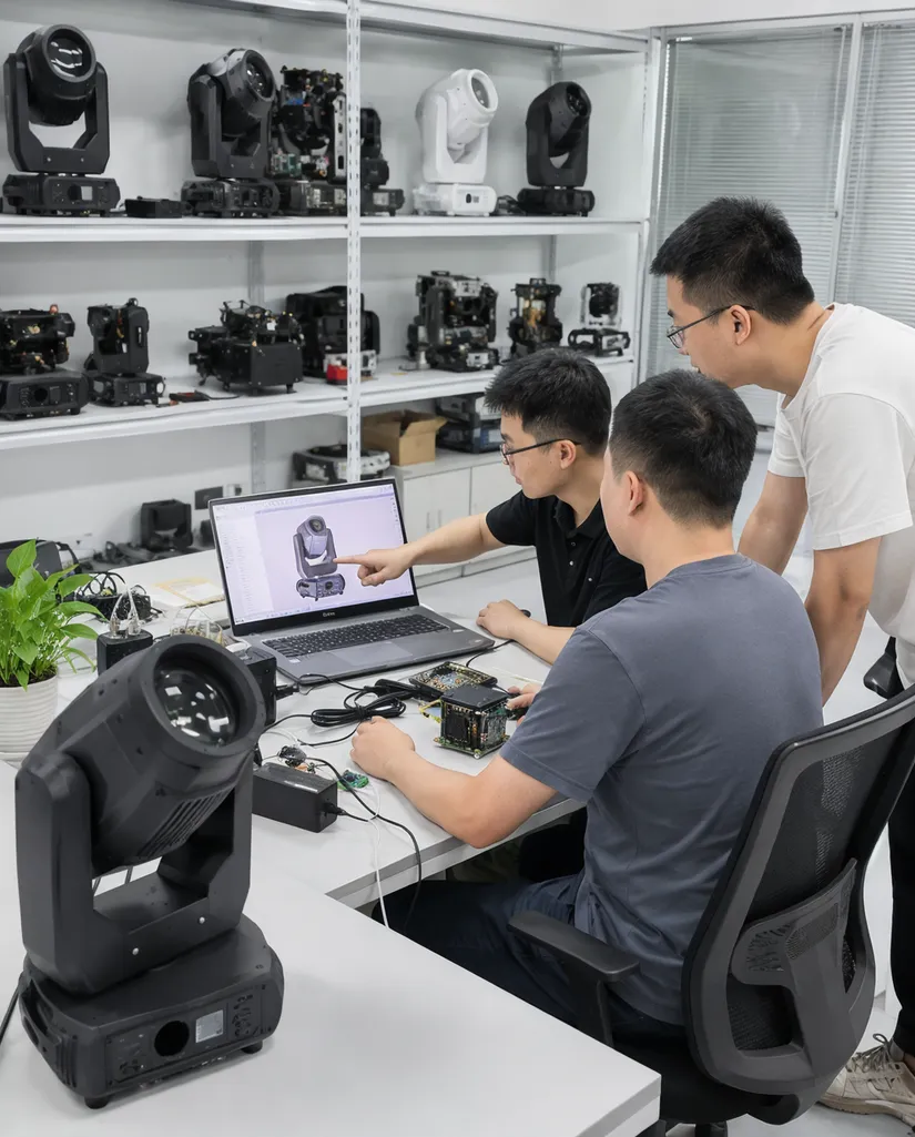 Custom OEM/ODM moving head development — engineering team working on proprietary fixture design for private-label client
