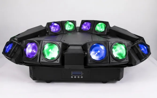 Spider moving DJ light with multiple independently controlled LED beam segments