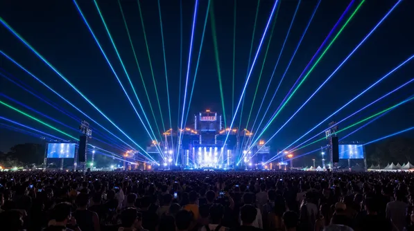 Laser moving heads creating aerial beam effects over large outdoor festival crowd