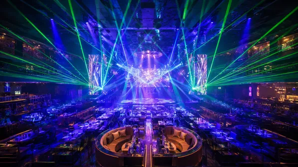 Large-format entertainment venue in the Gulf region with laser moving head effects as standard installation