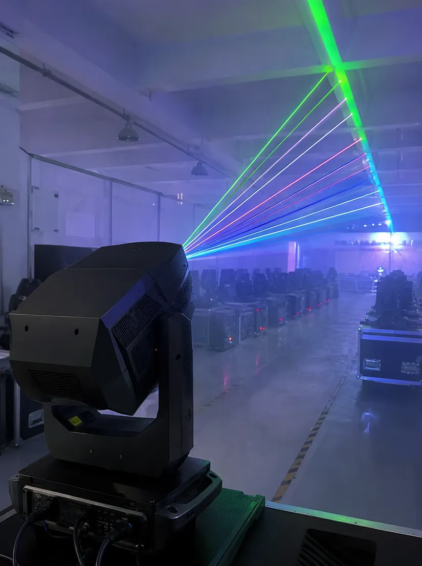 GDMonkey laser moving DJ light with visible aerial beams in haze