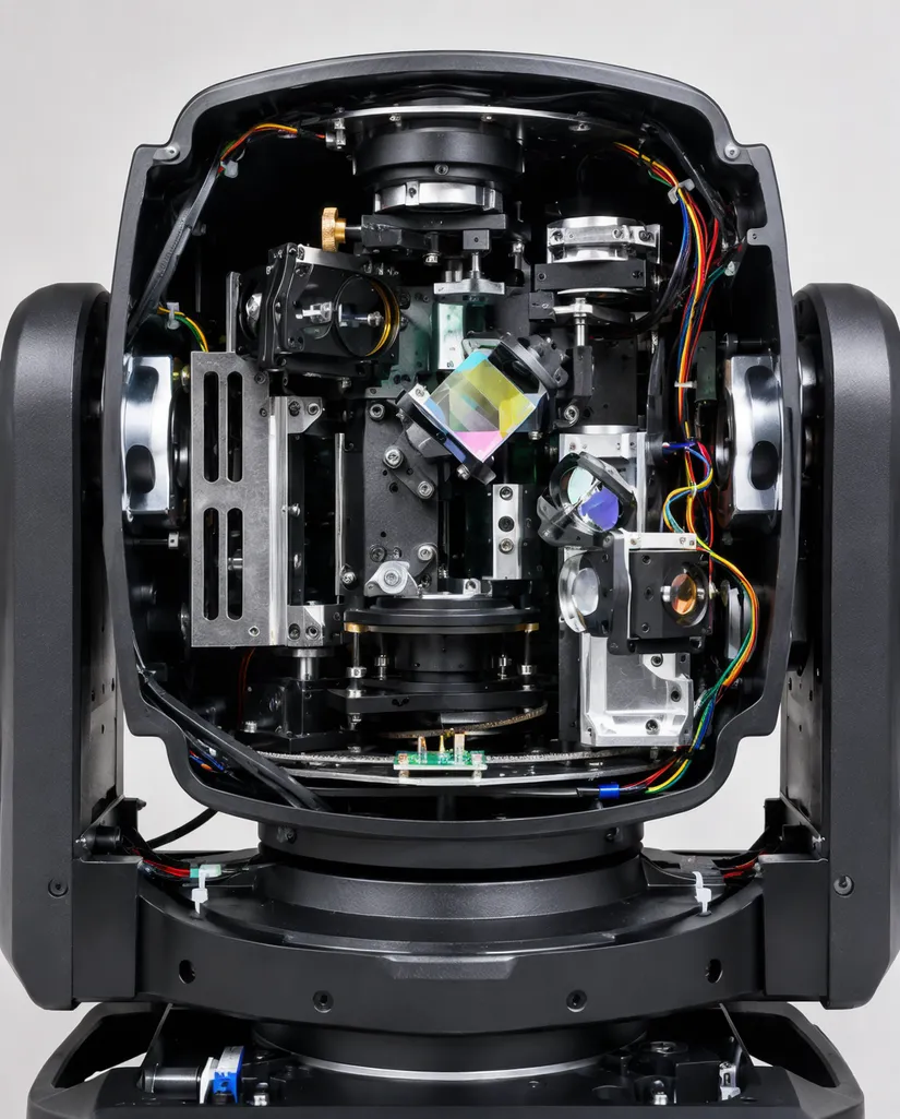 Optical train detail showing RGB beam combiner, diffraction grating, and galvo scanners inside laser moving head