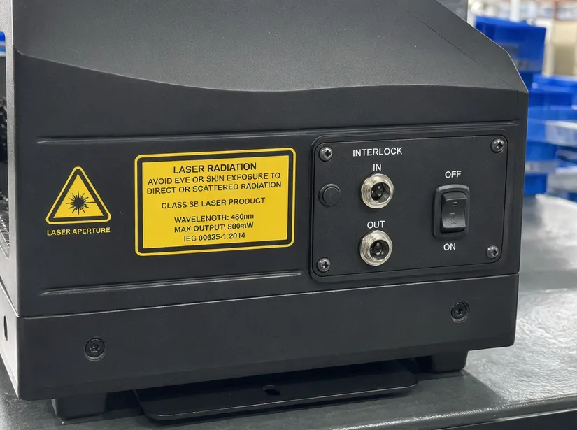 Laser safety classification label and interlock system on moving DJ light fixture housing
