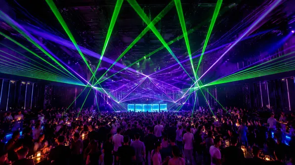 Laser moving DJ lights installed in high-end nightclub creating aerial beam effects