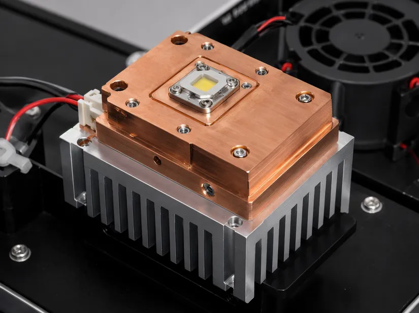 CNC-machined copper heat spreader bonded to laser diode substrate with finned aluminum heatsink assembly
