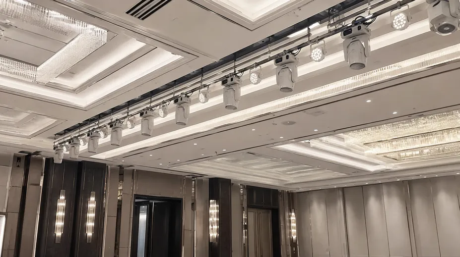 LED moving heads permanently installed in a hotel ballroom event space