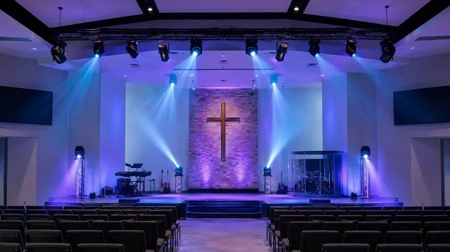 LED moving head lights installed in a modern church sanctuary