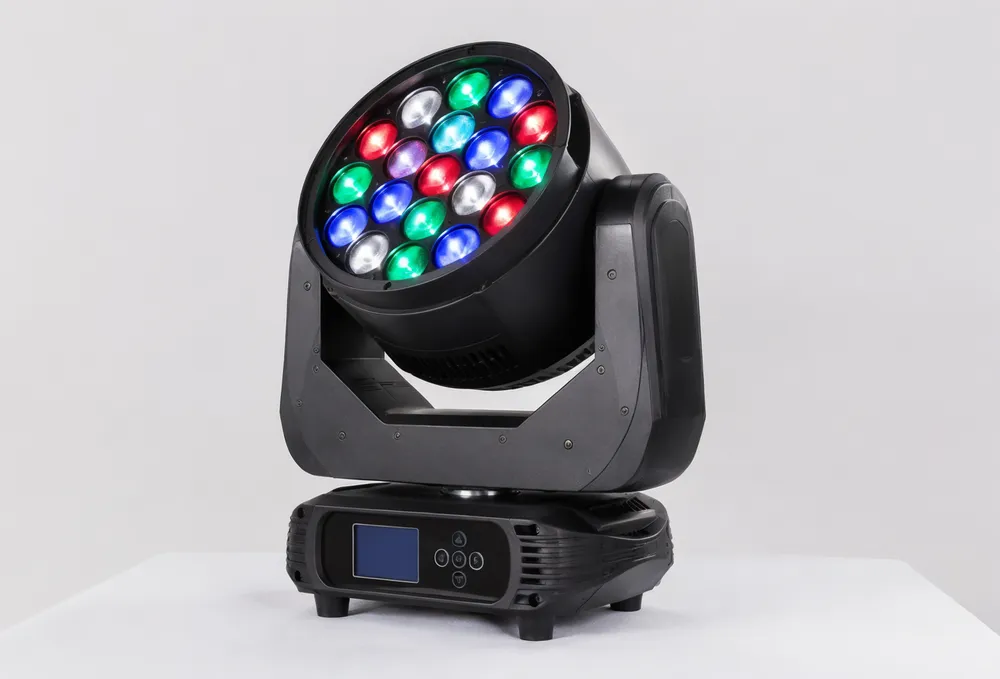 LED moving DJ light — full-size motorized fixture with RGBW LED array, pan/tilt mechanism visible