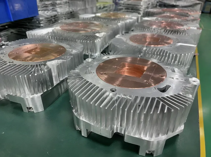 Custom-machined 6063 aluminum heatsink assembly for LED moving head fixture with copper thermal interface