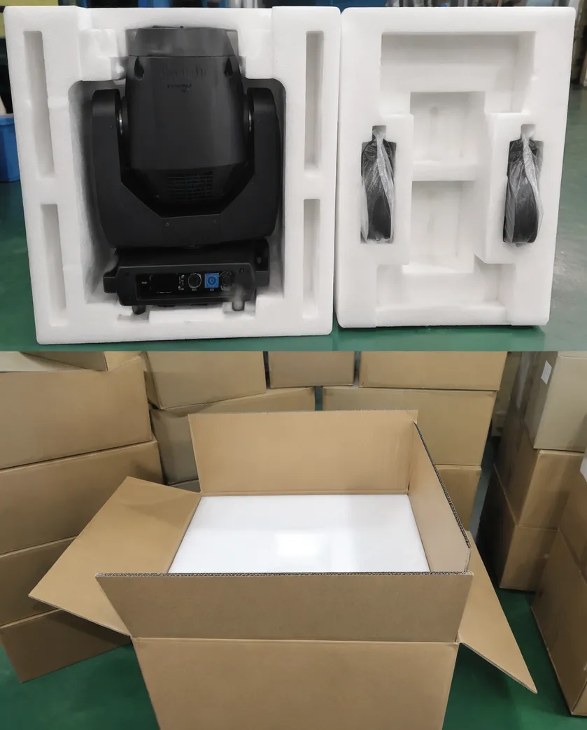 Custom-molded foam packaging for LED moving DJ lights showing tilt arm lock position and double-wall corrugated master carton