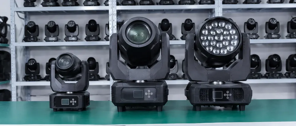 GDMonkey moving head product range showing mini, beam, and LED moving heads side by side for catalog comparison