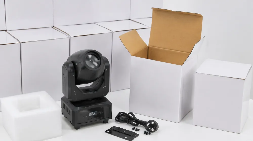 White-label packaged mini moving head light ready for e-commerce fulfillment