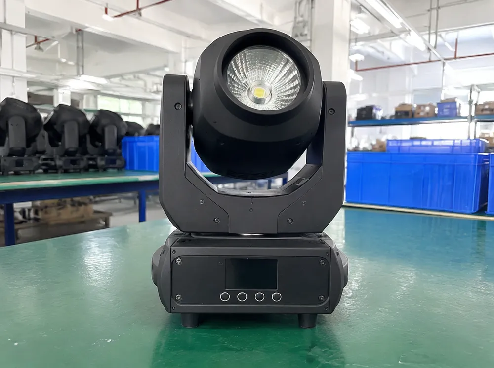 Mini moving DJ light — compact moving head fixture showing pan/tilt mechanism and LED source