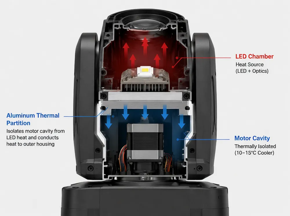 Cross-section diagram showing aluminum thermal partition isolating motor cavity from LED chamber in mini moving head