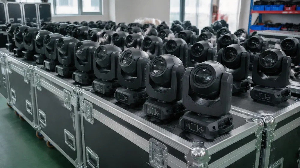 Rental company fleet of mini moving head lights prepped for event deployment