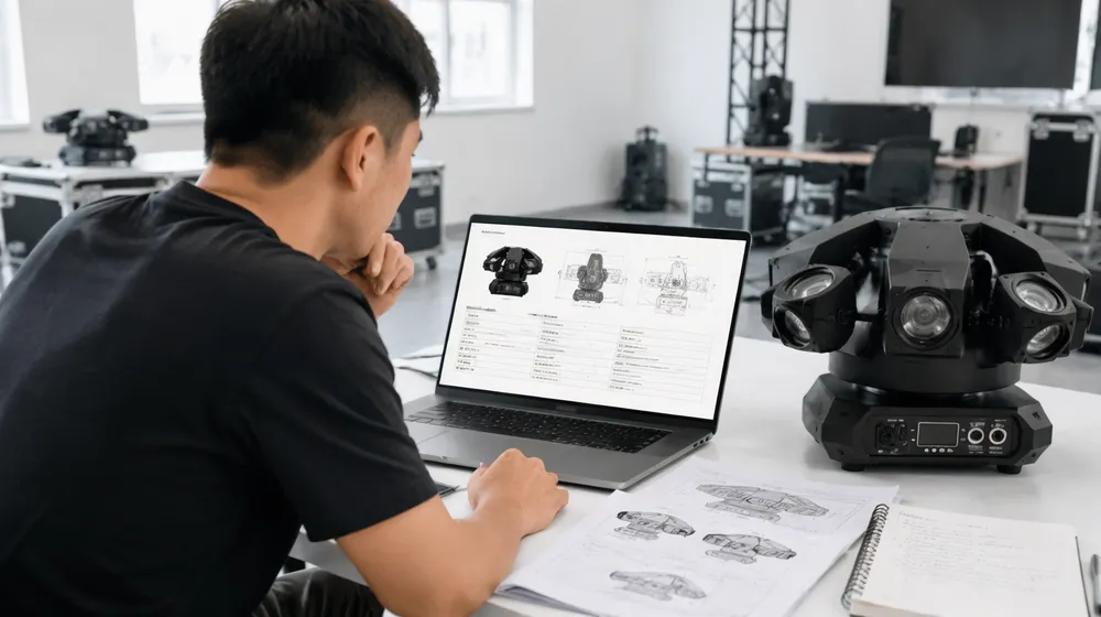 AV integrator reviewing spider fixture technical specs for corporate event