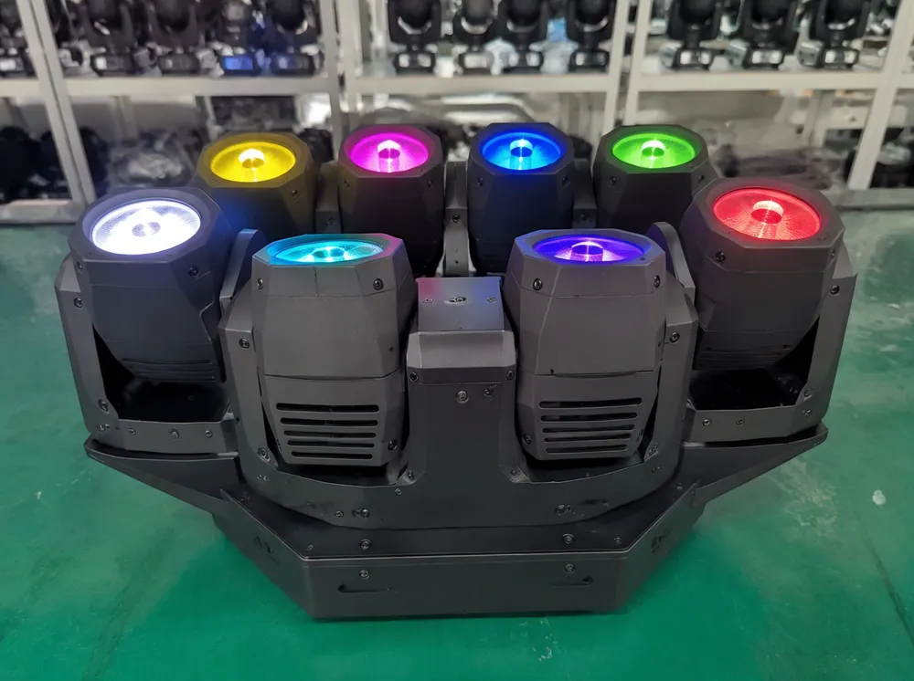 Close-up of spider moving DJ light demonstrating independent per-head RGBW color mixing across 8 heads