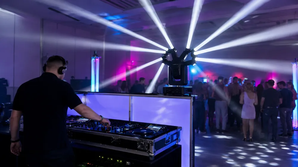 Mobile DJ using spider moving light fixture at event