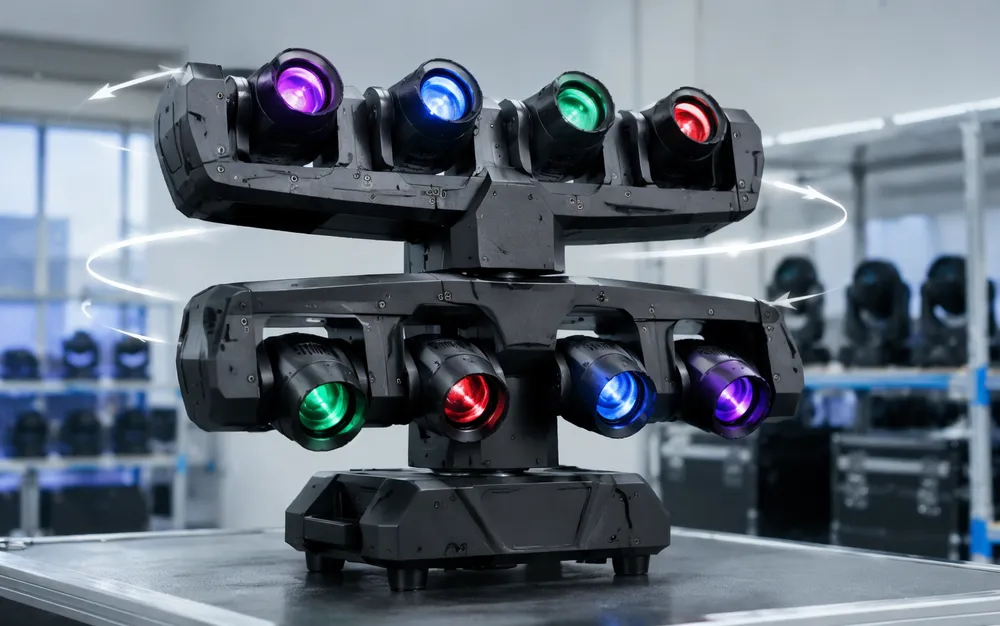 Spider moving DJ light showing 8-head dual bar frame with 360-degree continuous rotation