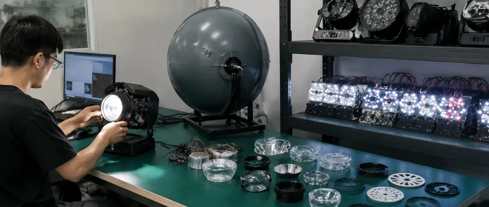GDMonkey engineering lab showing optical system testing and LED array configuration for custom stage lighting fixtures