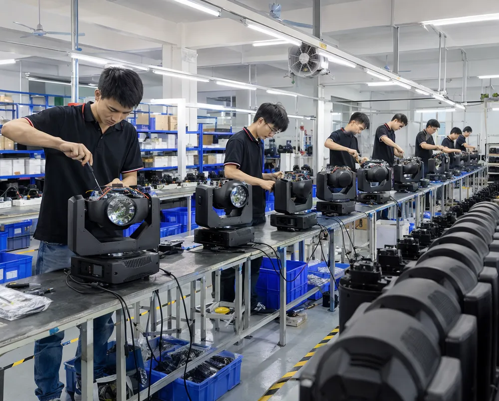 GDMonkey OEM ODM stage lighting production line with engineers assembling custom fixtures