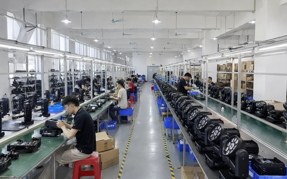 GDMonkey production floor with 6 assembly lines producing stage lighting fixtures