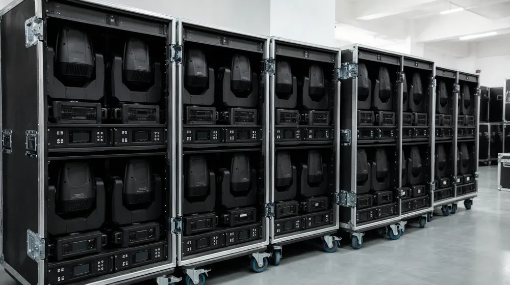 Moving head fixtures rack-mounted for touring production house fleet