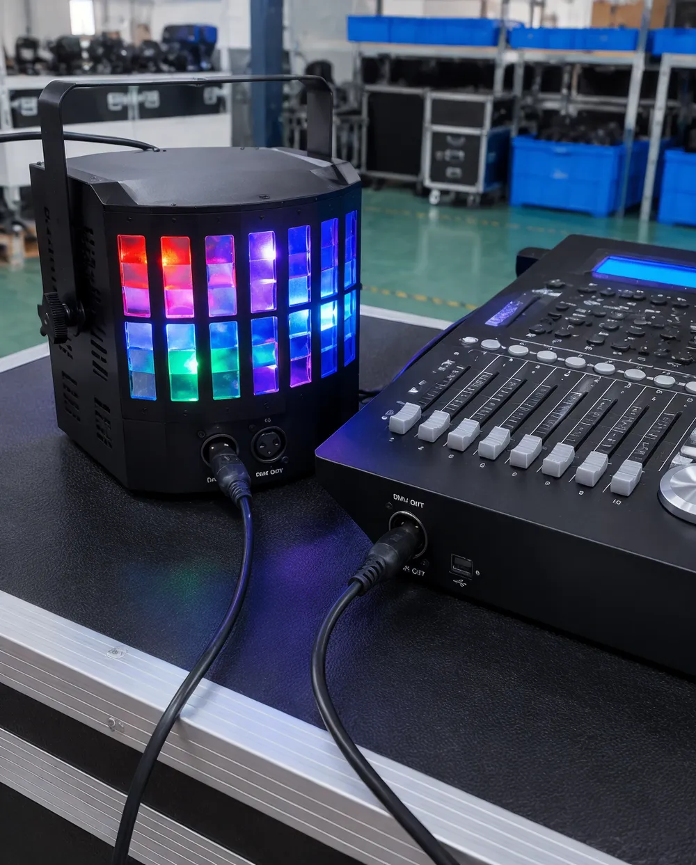 DMX party DJ light connected to a lighting control desk via XLR cable
